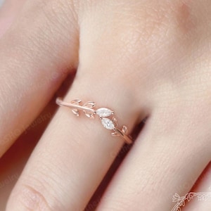 Marquise Moissanite/Diamond Wedding Band,14k Solid Rose Gold Leaf design Curved Wedding Band,Open Stacking Matching Promise Anniversary ring
