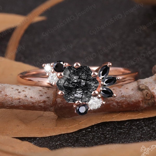 Hexagon cut Black Rutilated Quartz Engagement Ring,Vintage Rose Gold Engagement Ring,Cluster Miossanite Promise ring,Uniuqe Bridal ring