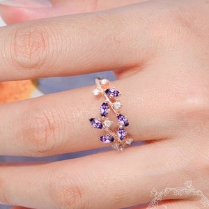 Bague de promesse en améthyste taille marquise, alliance en feuille d&#39;or rose massif 14 carats, bague art déco, bague cluster, cadeaux d&#39;anniversaire uniques pour elle