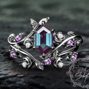 Gothic long hexagon cut alexandrite engagement ring set Art deco black gold leaf promise ring Unique nature inspired bridal set Jewelry gift