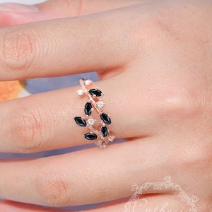 Marquise Cut Black Onyx Promise ring,14K Solid Rose Gold Leaf Wedding Ring,Art deco ring,Cluster ring,Unique Anniversary gifts for her