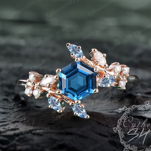Hexagon cut London blue topaz engagement ring Art deco solid rose gold promise ring Art deco nature inspired leaf ring Handmade jewelry gift