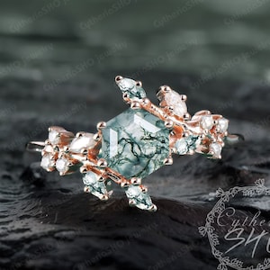 Natural Hexagon Moss agate Engagement Ring Solid Rose Gold Promise Ring Nature Inspire Leaf ring Green Gemstone Anniversary gifts Women