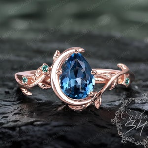 Pear cut London blue topaz engagement ring Art deco 14k rose gold promise ring Unique nature inspired moon leaf ring Jewelry gift for women