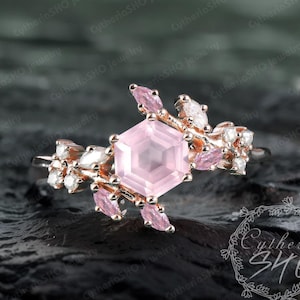 Hexagon cut Rose quartz engagement ring Art deco solid rose gold promise ring Unique nature inspired leaf ring Handmade jewelry gift for her