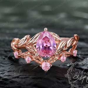 Unique pear cut pink sapphire engagement ring set Solid 14k rose gold leaf promise ring Nature inspired bridal set Her handmade jewelry gift