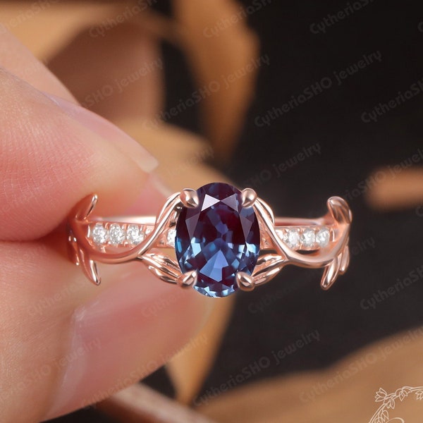 Unique Oval cut Alexandrite Engagement Ring Leaf Color Changed Gemstone Ring Women June Birthstone Rose Gold Anniversary Ring Promise ring