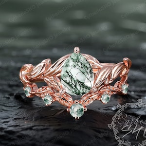 Pear shaped Moss agate Engagement Ring 14K Solid Rose Gold Promise Ring Nature Inspire Leaf and vine Ring anniversary gifts Bridal Ring set