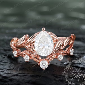 Unique pear cut moissanite engagement ring set Solid rose gold leaf promise ring Nature inspired diamond bridal set Handmade jewelry gift