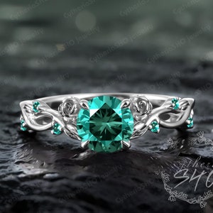 Einzigartige Smaragd Blatt Verlobungsring Art-Deco-Weißgold solide Versprechen Ring Natur inspiriert Rose Blume Ring handgemachte Schmuck Geschenk für Frauen