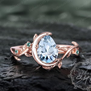 Vintage pear cut aquamarine engagement ring Art deco promise 14K rose gold ring Unique nature inspired moon leaf ring Handmade jewelry gift