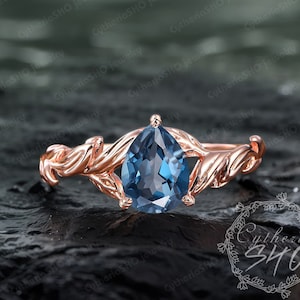 Pear cut London blue topaz engagement ring Solid 14k rose gold promise ring Art deco nature inspired leaf ring Unique handmade jewelry gift