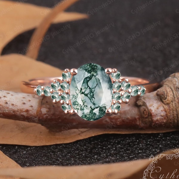 Oval cut Natural Moss agate Engagement ring Unique Rose Gold engagement ring Cluster Vintage Bridal ring Promise ring Anniversary gift