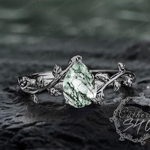 Gothic pear cut moss agate engagement ring 14K black gold gemstone promise ring Nature inspired ring Unique leaf ring Handmade jewelry gift