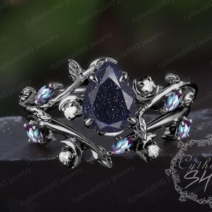 Pear cut blue sandstone engagement ring set Gothic art deco 14K black gold leaf promise ring Unique nature inspired bridal set Jewelry gift
