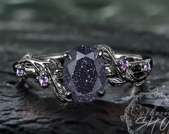 Gothic oval cut blue sandstone engagement ring Unique art deco 14K black gold promise ring Nature inspired leaf ring Jewelry gift for women