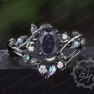 Oval cut blue sandstone engagement ring set Gothic art deco 14K black gold leaf promise ring Unique nature inspired bridal set Jewelry gift