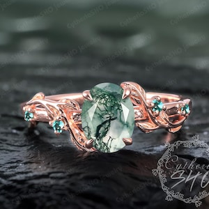 Unique oval cut moss agate engagement ring Art deco solid 14K rose gold promise ring Nature inspired green gemstone leaf ring Jewelry gift