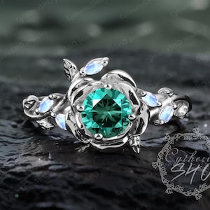 Einzigartiger Smaragd Verlobungsring Massiv Weißgold Versprechensring Natur inspirierte Blumenblattring Vintage Rose Blume Ring handgemachtes Schmuckgeschenk