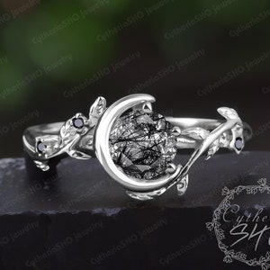 Unique black rutilated quartz engagement ring Solid 14K white gold gemstone promise ring Nature inspired leaf moon ring Women jewelry gift