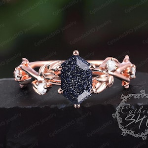 Unique long hexagon cut blue sandstone engagement ring Art deco 14K rose gold promise ring Nature inspired leaf ring Jewelry gift for women