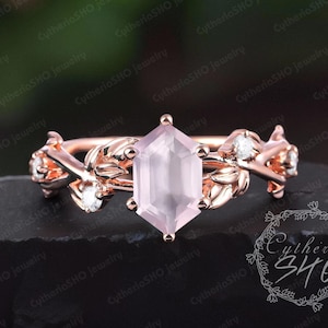 Unique long hexagon cut rose quartz engagement ring Art deco Solid 14K rose gold promise ring Nature inspired leaf ring Jewelry gift for her