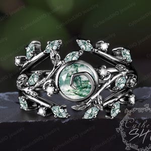 Gothic moss agate engagement ring sets Art deco black gold promise ring Unique nature inspired elven leaf bridal sets Vintage jewelry gifts