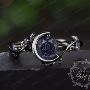 Anillo de compromiso de arenisca azul gótica, anillo de promesa de piedras preciosas en oro negro de 14 quilates, anillo de luna inspirado en la naturaleza, anillo de hoja único, regalo de joyería hecho a mano