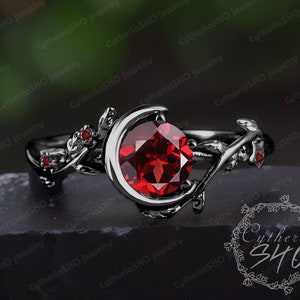 Gothic red garnet engagement ring 14K black gold gemstone promise ring Nature inspired moon ring Unique leaf ring Her handmade jewelry gift