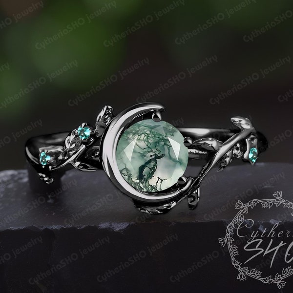Gothic moss agate engagement ring 14K black gold gemstone promise ring Nature inspired moon ring Unique leaf ring Her handmade jewelry gift