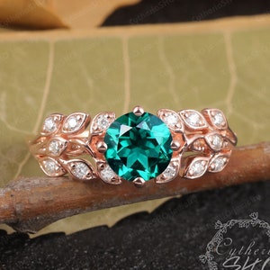 Unique Lab created Emerald Engagement Ring,14K Solid Rose Gold Promise Ring for her,Nature Inspire Leaf Promise ring Personalized Jewelry