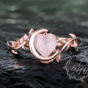 Art deco heart cut rose quartz engagement ring Solid 14K rose gold promise ring Nature inspired moon leaf ring Unique jewelry gift for women