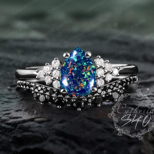 Gothic pear black opal engagement ring set Art deco black gold fire opal promise ring Oct. birthstone bridal set Cluster ring Jewelry gift
