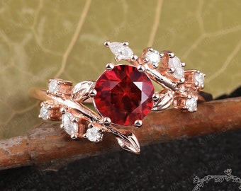 Ruby Engagement Ring 14K Solid Rose Gold Promise Ring for her July Birthstone Ring Nature Inspire Leaf ring Bridal ring Anniversary gifts