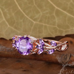 Natural Amethyst Engagement Ring 14K Solid Rose Gold Promise Ring for Her Nature Inspire Leaf Vine Ring anniversary gifts Bridal Ring set