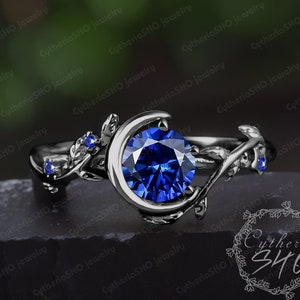 Gothic sapphire engagement ring 14K black gold blue gemstone promise ring Nature inspired moon ring Unique leaf ring Handmade jewelry gift