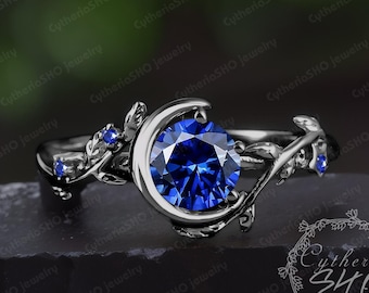 Gothic sapphire engagement ring 14K black gold blue gemstone promise ring Nature inspired moon ring Unique leaf ring Handmade jewelry gift