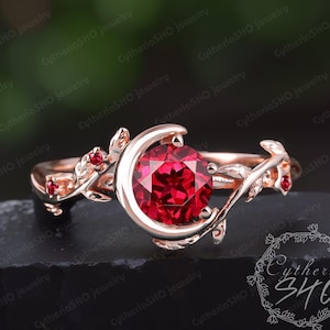 Vintage ruby engagement ring Soild 14K rose gold red gemstone promise ring Nature inspired moon ring Unique leaf ring Handmade jewelry gift