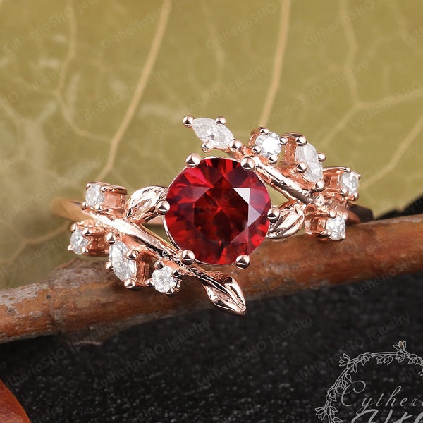 Ruby Engagement Ring 14K Solid Rose Gold Promise Ring for her July Birthstone Ring Nature Inspire Leaf ring Bridal ring Anniversary gifts
