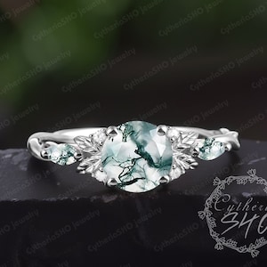 Natural Moss agate Engagement Ring 14K Solid White Gold Promise Ring Nature Inspire Leaf Vine Ring Art Deco Ring anniversary gifts For Women