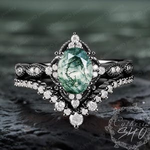 Gothic oval moss agate engagement ring set Art deco black gold promise ring Unique cluster ring Green gemstone bridal set Women jewelry gift