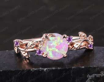 Unique Pink Opal Engagement Ring Solid Rose Gold Leaf Promise Ring Bridal Sets Pink Gemstone Art Deco Ring Anniversary Gifts For Women