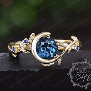 Vintage London blue topaz engagement ring Unique soild gold blue gemstone promise ring Nature inspired moon leaf ring Handmade jewelry gift