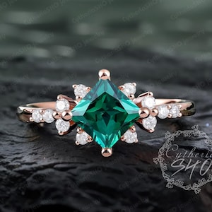 Unique princess cut emerald engagement ring Art deco 14K rose gold promise ring Vintage may Birthstone cluster ring Jewelry gift for women