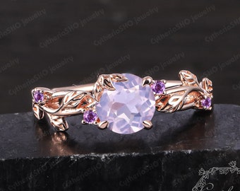 Bague de fiançailles en améthyste lavande naturelle, bague de promesse en feuille d'or rose massif inspiré de la nature, bague art déco, bijoux faits main, cadeaux pour femme