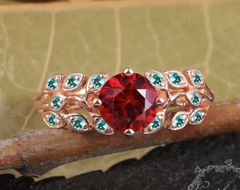 Unique Lab created Ruby Engagement Ring,14K Solid Rose Gold Promise Ring for her,Nature Inspire Leaf ring Anniversary Gifts for women