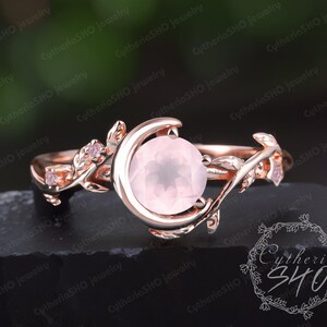 Vintage rose quartz engagement ring Soild rose gold pink gemstone promise ring Nature inspired moon leaf ring Unique handmade jewelry gift