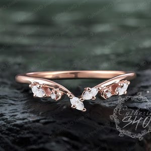 Nature inspired moissanite curved wedding band Vintage leaf diamond wedding ring Art deco solid 14k rose gold moon ring Jewelry gift for her