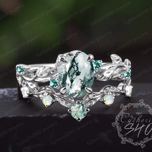 Unique Oval Natural Moss Agate Engagement Ring Sets White Gold Leaf Promise Ring Bridal Sets Green Gemstone Art Deco Ring Anniversary Gifts