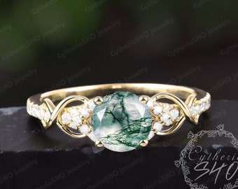 Anel de noivado vintage em ágata musgosa, anel de compromisso Art Déco em ouro maciço 14k, anel exclusivo com gema verde torcida, joias artesanais, presentes para mulheres.